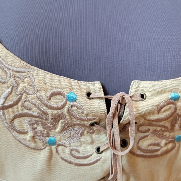 $172 NWT BRAZIL ROXX SUNDRESS TAN WITH TURQUOISE EMBROIDERY SPAGHETTI STRAPS M - Picture 2 of 10